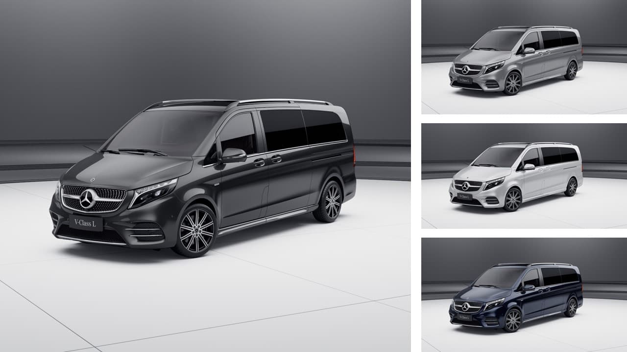 Mercedes-Benz V-Class rendered in a dark studio with three colour variants
